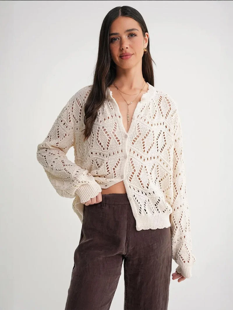 MixRay Natural Mixray Textured Knit Cardigan with Button Closure for Women | Best Price UAE
