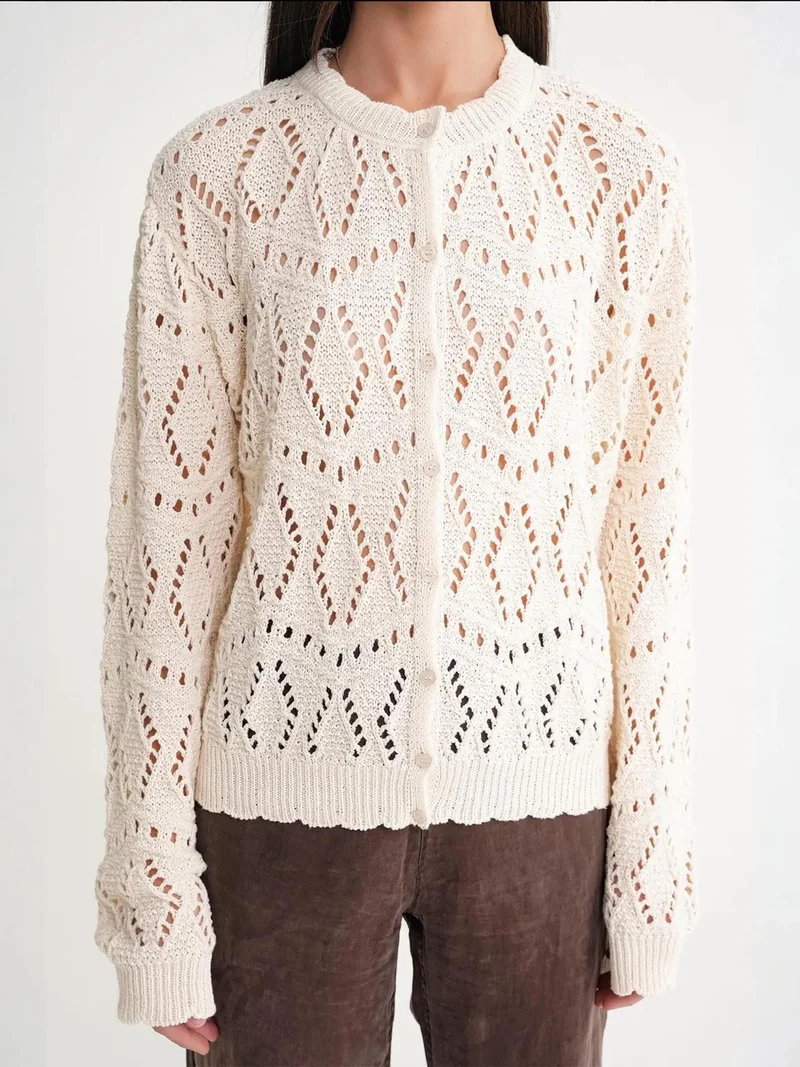 MixRay Natural Mixray Textured Knit Cardigan with Button Closure for Women | Best Price UAE