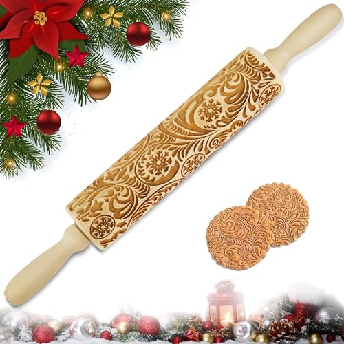 Wooden Engraved Rolling Pin with Christmas Snowflake Designs  For Baking Cookies and Decor