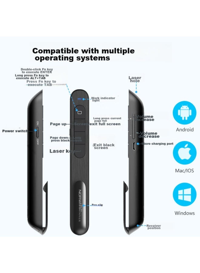 Norwii N76 Red Light, Black Ppt Laser Presentation Remote, Rechargeable Remote Control With 100-meter Range For Teachers' Super Chain Teaching Pointer, 360-degree Control Multimedia Volume Control Remote Pe - Image 3