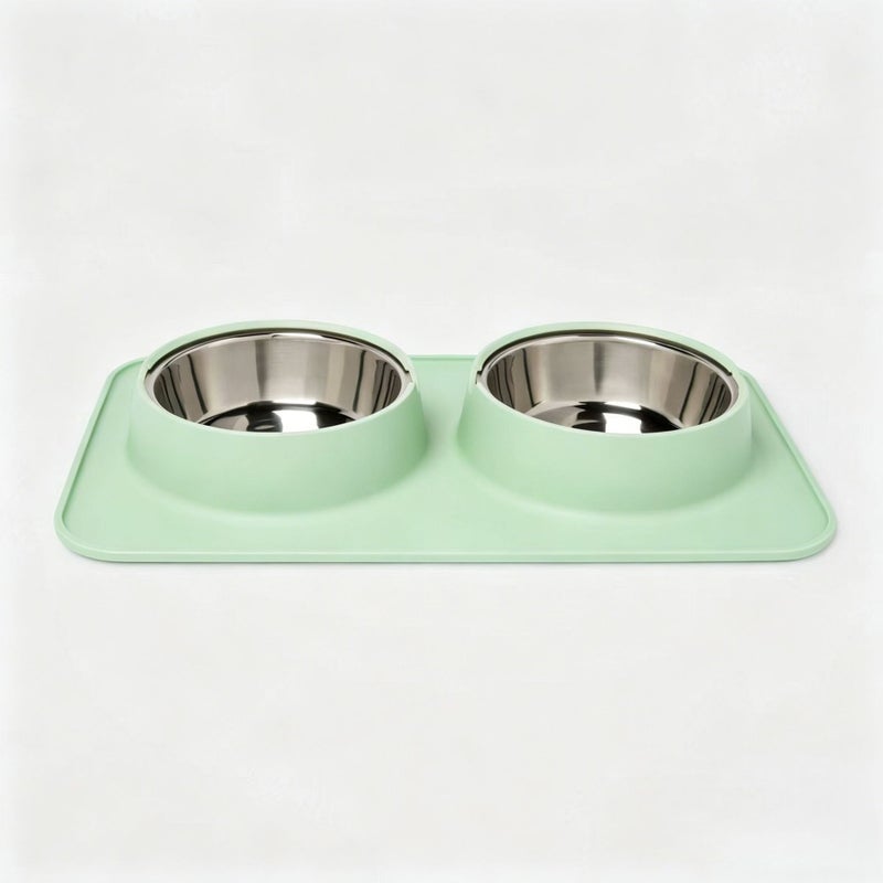 Food-grade silicone pet bowl with placemat, double-bowl design, neck-supporting food dish for cats and dogs