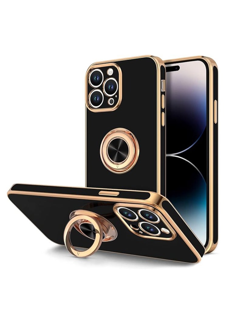 WRISTWISE Case Cover for iPhone 14 Pro with Ring Stand [360° Rotatable Ring Holder Magnetic Kickstand] [Support Car Mount] Plated Gold Edge Soft TPU Luxury Shockproof Protective Phone Case Cover, Black - Image 1
