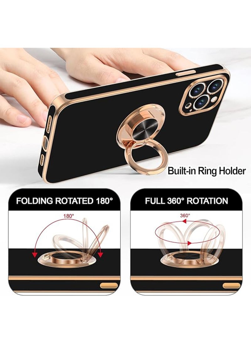WRISTWISE Case Cover for iPhone 14 Pro with Ring Stand [360° Rotatable Ring Holder Magnetic Kickstand] [Support Car Mount] Plated Gold Edge Soft TPU Luxury Shockproof Protective Phone Case Cover, Black - Image 4