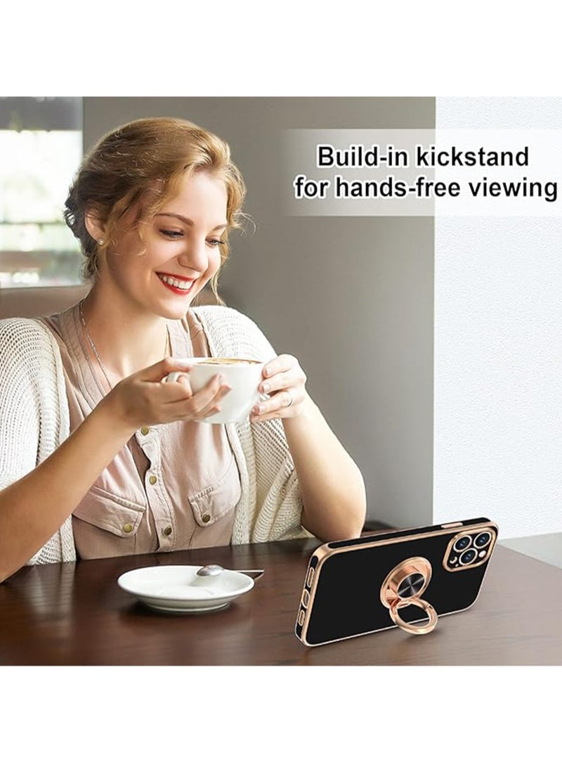 WRISTWISE Case Cover for iPhone 14 Pro with Ring Stand [360° Rotatable Ring Holder Magnetic Kickstand] [Support Car Mount] Plated Gold Edge Soft TPU Luxury Shockproof Protective Phone Case Cover, Black - Image 5