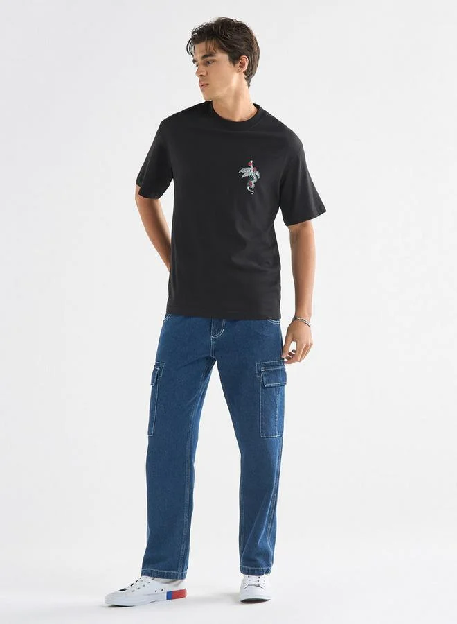 Splash FAV Typographic Print T-shirt with Crew Neck and Short Sleeves