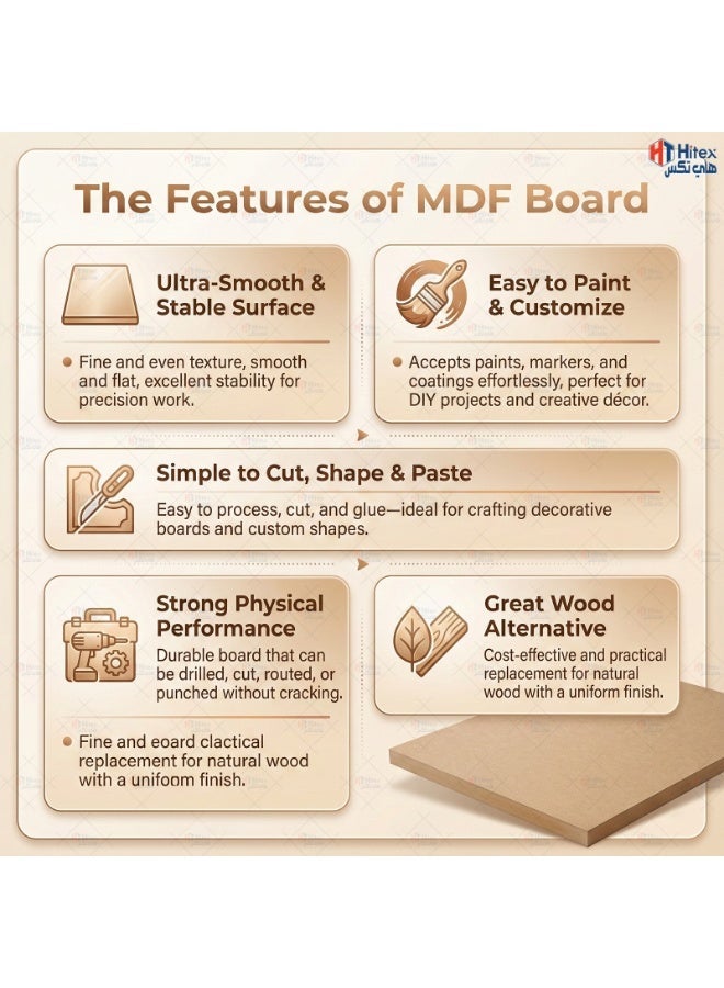 هيتكس لوح MDF سادة - بني - ٣ مم | سطح أملس غير مصقول وحواف مصقولة | مثالي لمشاريع "اصنعها بنفسك"، ديكور المنزل، التصميم الداخلي، النجارة، الحرف اليدوية، والرسم (٣٠ سم × ٤٢ سم (A3)) - ١٢ قطعة - Image 3