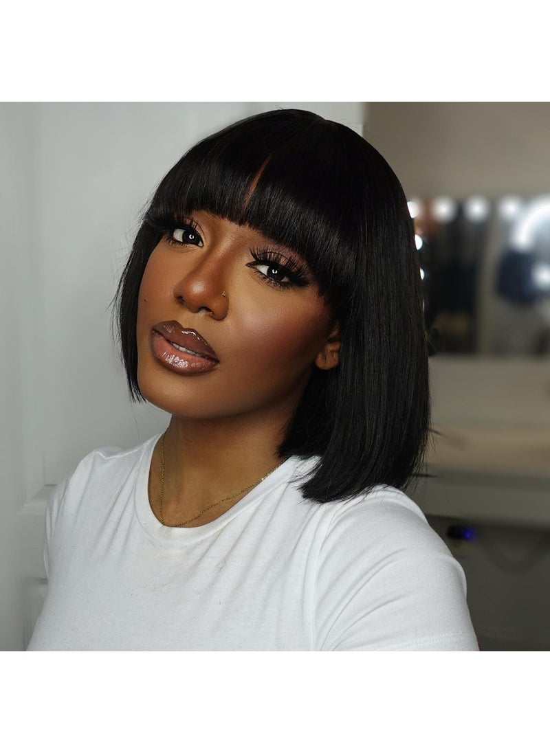 Hanne Fashion Human Hair Wigs Short Bob Hair Wig with Bangs Straight Bob Wigs Short Brazilian Virgin Wigs for Black Women Natural Black Color (12 Inch) 