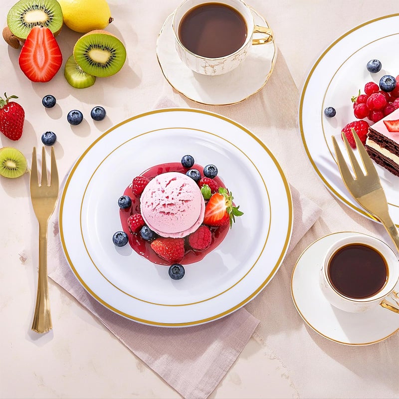 WELLIFE 60 PCS Gold Plastic Dessert Plates and 60 PCS Forks  6.3 inch Disposable Salad Plates  Premium White Appetizer Plates with Gold Rims  Perfect for Party - Image 1