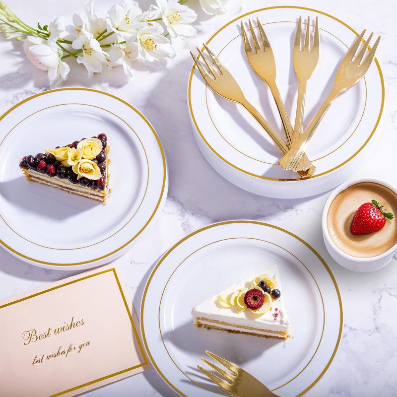 WELLIFE 60 PCS Gold Plastic Dessert Plates and 60 PCS Forks  6.3 inch Disposable Salad Plates  Premium White Appetizer Plates with Gold Rims  Perfect for Party - Image 2