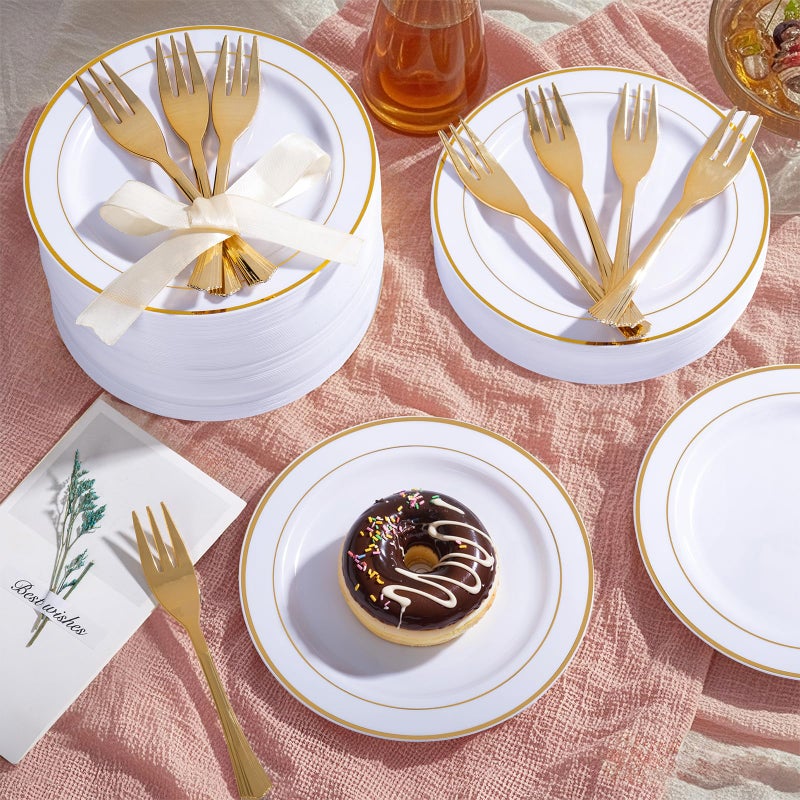 WELLIFE 60 PCS Gold Plastic Dessert Plates and 60 PCS Forks  6.3 inch Disposable Salad Plates  Premium White Appetizer Plates with Gold Rims  Perfect for Party - Image 3
