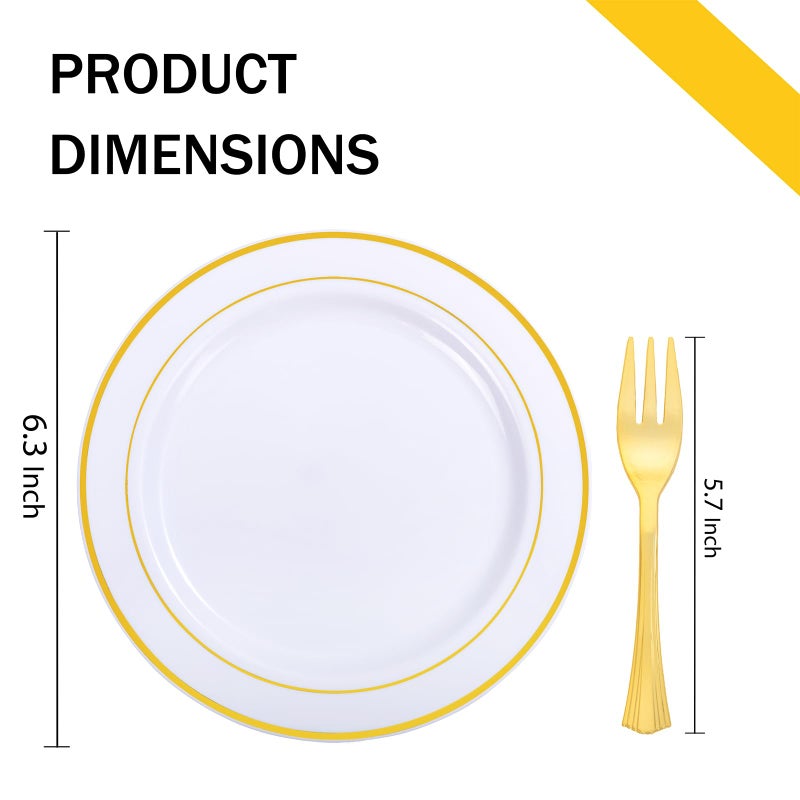 WELLIFE 60 PCS Gold Plastic Dessert Plates and 60 PCS Forks  6.3 inch Disposable Salad Plates  Premium White Appetizer Plates with Gold Rims  Perfect for Party - Image 4