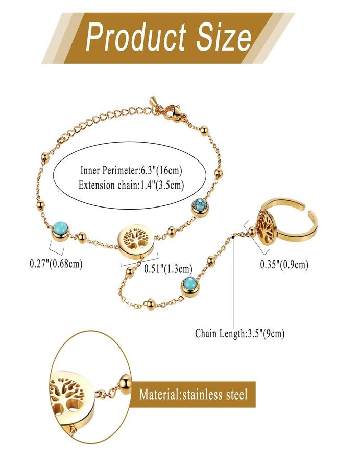 Aroncent Hand Chain Bracelet Ring Set: Tree of Life Dainty Pearl Adjustable Turquoise Hand Back Chain - Boho Slave Bracelet Jewelry Gift - Image 3