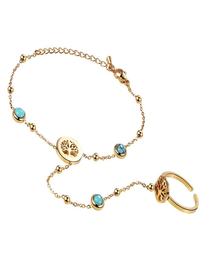 Aroncent Hand Chain Bracelet Ring Set: Tree of Life Dainty Pearl Adjustable Turquoise Hand Back Chain - Boho Slave Bracelet Jewelry Gift - Image 1
