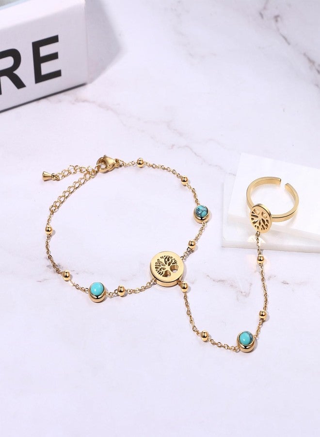 Aroncent Hand Chain Bracelet Ring Set: Tree of Life Dainty Pearl Adjustable Turquoise Hand Back Chain - Boho Slave Bracelet Jewelry Gift - Image 5