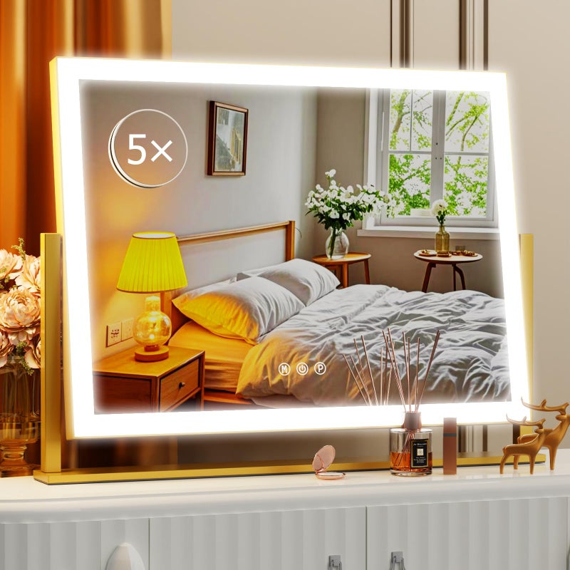 Gvnkvn Lighted Makeup Mirror 173x13 Hollywood Vanity Mirror with Lights Three Color Lighting Modes and 5X Magnification Mirror Smart Touch Control 360Rotation Gold Gift Box - Image 2
