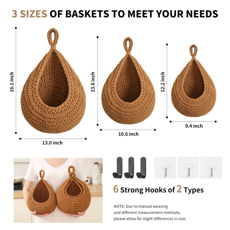 INJORAN Boho Wall Hanging Fruit Baskets for Kitchen 3 Pack Woven Produce Holder with 6 Pcs Strong Hooks Vegetable Hanging Basket for Organizing Teardrop Home Wall Potato Onion Storage, Caramel - Image 4