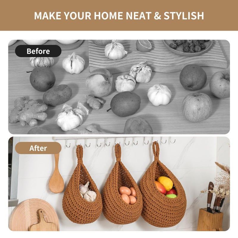INJORAN Boho Wall Hanging Fruit Baskets for Kitchen 3 Pack Woven Produce Holder with 6 Pcs Strong Hooks Vegetable Hanging Basket for Organizing Teardrop Home Wall Potato Onion Storage, Caramel - Image 5