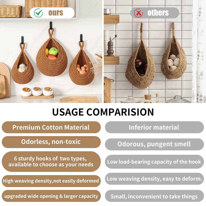 INJORAN Boho Wall Hanging Fruit Baskets for Kitchen 3 Pack Woven Produce Holder with 6 Pcs Strong Hooks Vegetable Hanging Basket for Organizing Teardrop Home Wall Potato Onion Storage, Caramel - Image 3