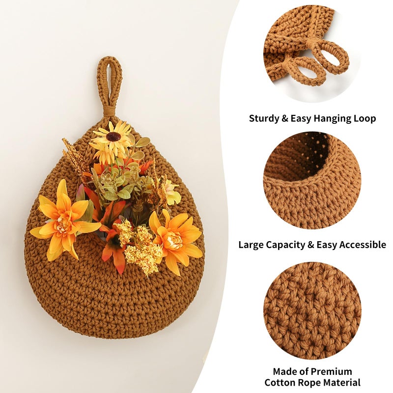 INJORAN Boho Wall Hanging Fruit Baskets for Kitchen 3 Pack Woven Produce Holder with 6 Pcs Strong Hooks Vegetable Hanging Basket for Organizing Teardrop Home Wall Potato Onion Storage, Caramel - Image 2