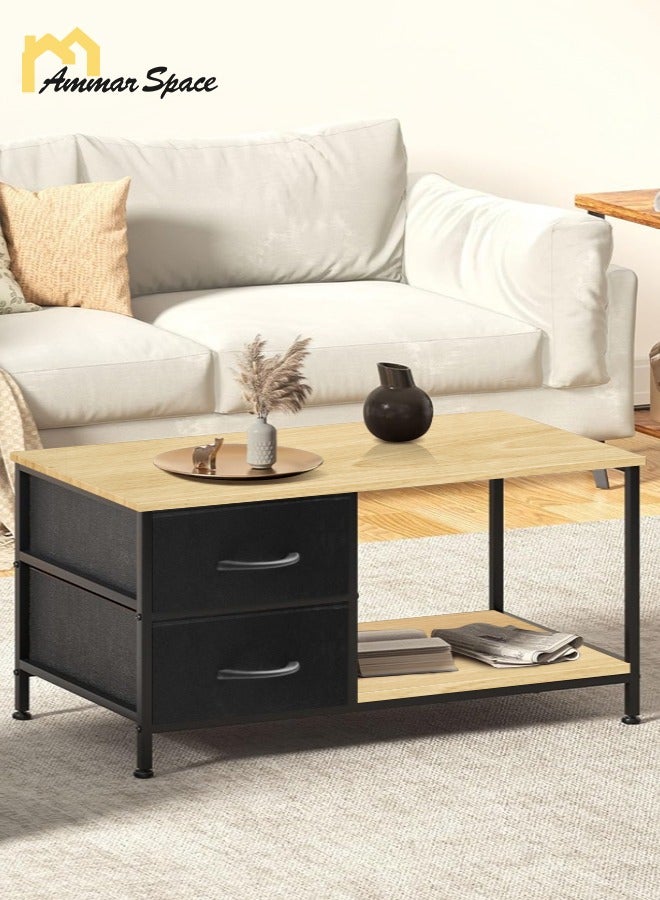 Ammar Space Coffee Table with Drawers for Living Room 2-Tier Coffee Tables with Storage Drawers Brown Tables Rectangle Wood Table Metal Side End Table  - Image 1