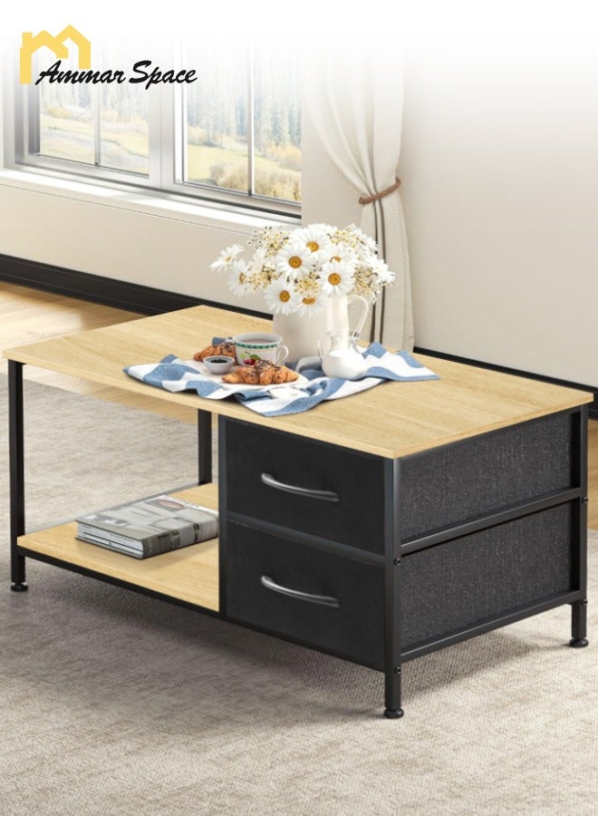 Ammar Space Coffee Table with Drawers for Living Room 2-Tier Coffee Tables with Storage Drawers Brown Tables Rectangle Wood Table Metal Side End Table  - Image 2