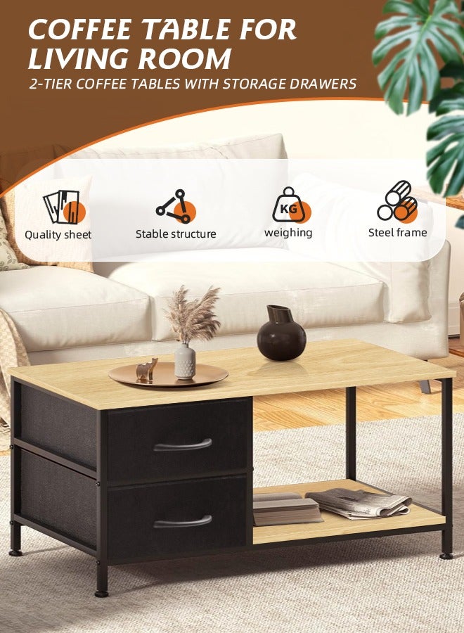 Ammar Space Coffee Table with Drawers for Living Room 2-Tier Coffee Tables with Storage Drawers Brown Tables Rectangle Wood Table Metal Side End Table  - Image 3