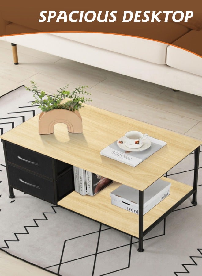 Ammar Space Coffee Table with Drawers for Living Room 2-Tier Coffee Tables with Storage Drawers Brown Tables Rectangle Wood Table Metal Side End Table  - Image 4