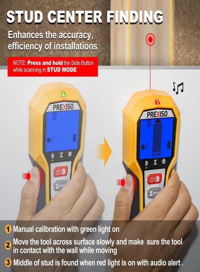 بريكسيسو جهاز كشف العوارض الخشبية PREXISO، ماسح ضوئي 5 في 1 لكشف العوارض الخشبية، أداة كشف العوارض الخشبية مع مؤشر LED لتحديد المركز، كاشف العوارض الخشبية، الأسلاك المعدنية، الأنابيب، العوارض الخشبية - Image 4