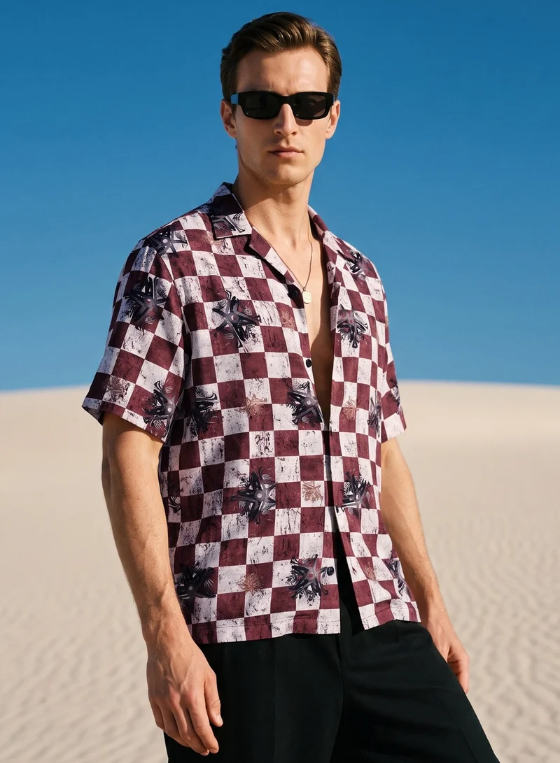 Tezhhomayaa Astral Dynasty Half Sleeve Cuban Collar Shirt – Graphic Checkered Print