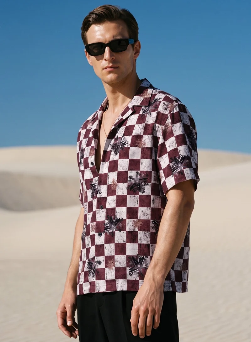 Tezhhomayaa Astral Dynasty Half Sleeve Cuban Collar Shirt – Graphic Checkered Print