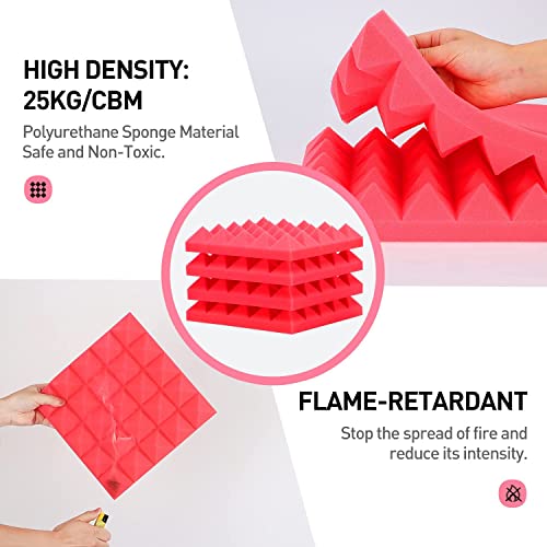 Imaginea Acoustic Foam | Pyramid Acoustic Sound Foam Panels For Studio Sound Absorbing Soundproofing Panels High Density Absorber For Wall, Decreasing Noise Echoes (1 X 1 Ft (PACK OF 18, RED) - Image 4