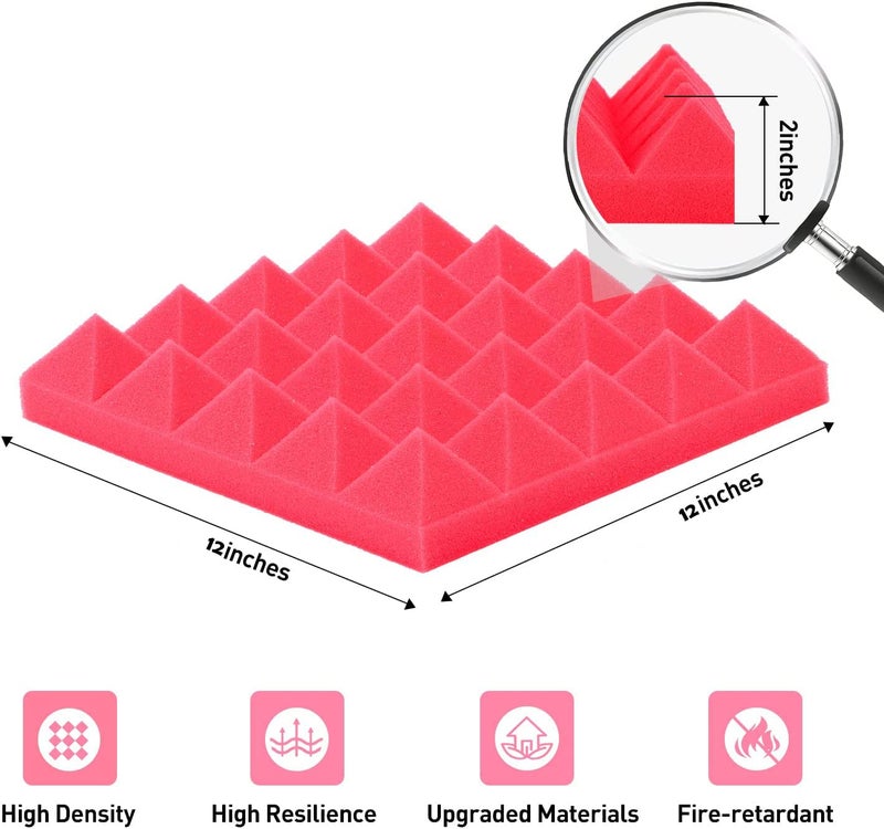 Imaginea Acoustic Foam | Pyramid Acoustic Sound Foam Panels For Studio Sound Absorbing Soundproofing Panels High Density Absorber For Wall, Decreasing Noise Echoes (1 X 1 Ft (PACK OF 18, RED) - Image 2