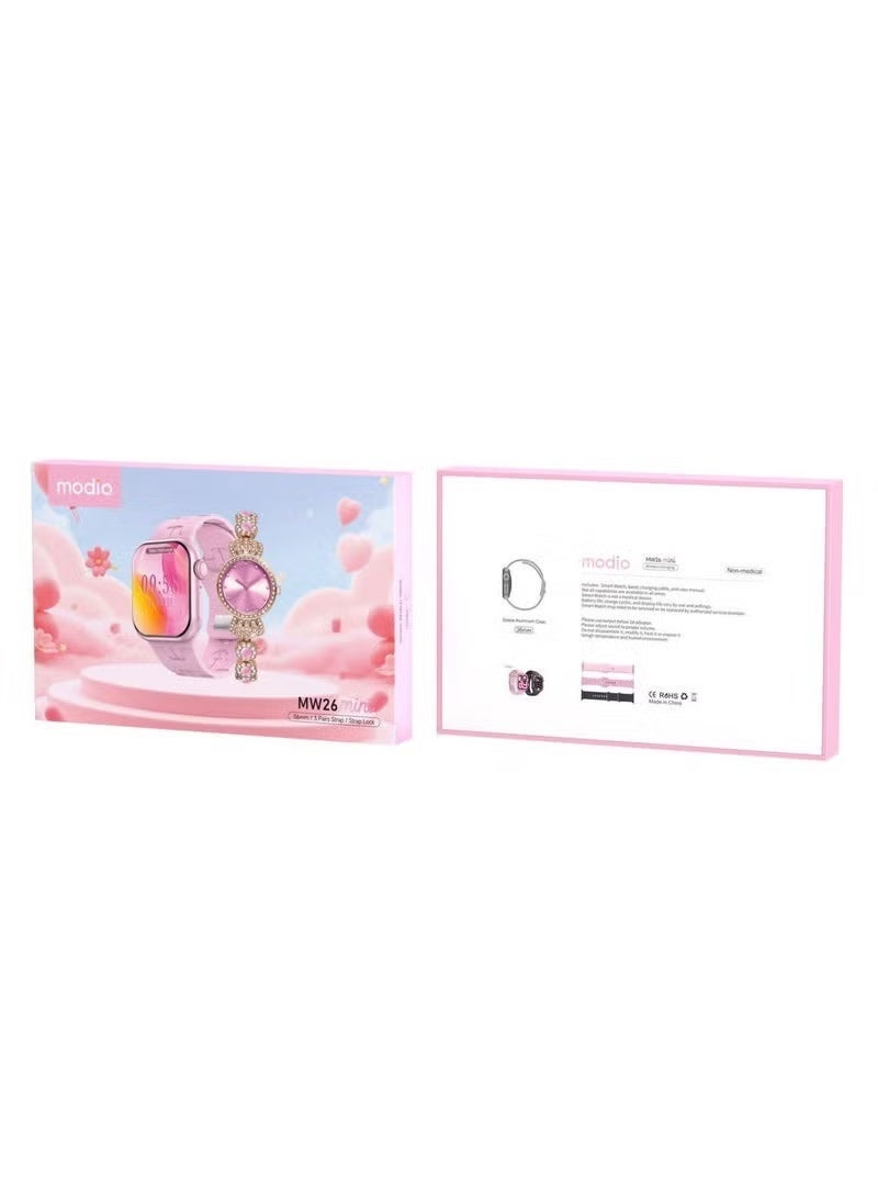 موديو ساعه Modio MW26 Mini الذكيه النسائيه بشاشه عرض كامله عاليه الدقه , تدعم الاشعارات والتنبيهات الذكيه , تدعم مميزات التتبع الصحي , بطاريه قويه تدوم لايام , تتحمل التعرق والرذاذ , تصميم انيق وعصري , حزامين مرفقين للتبديل, وردي - Image 3