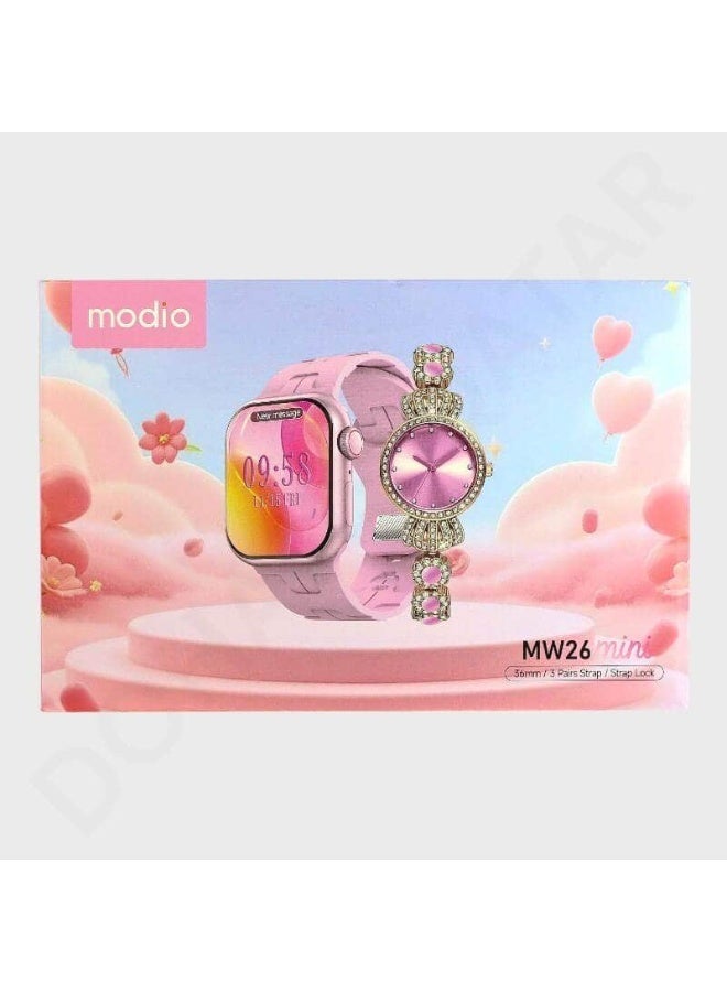 موديو ساعه Modio MW26 Mini الذكيه النسائيه بشاشه عرض كامله عاليه الدقه , تدعم الاشعارات والتنبيهات الذكيه , تدعم مميزات التتبع الصحي , بطاريه قويه تدوم لايام , تتحمل التعرق والرذاذ , تصميم انيق وعصري , حزامين مرفقين للتبديل, وردي - Image 4