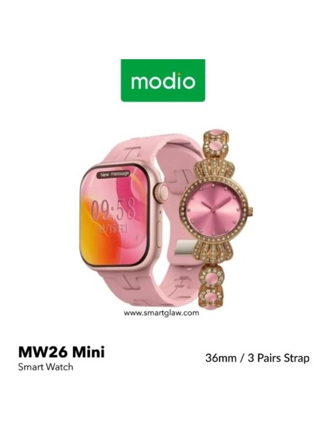موديو ساعه Modio MW26 Mini الذكيه النسائيه بشاشه عرض كامله عاليه الدقه , تدعم الاشعارات والتنبيهات الذكيه , تدعم مميزات التتبع الصحي , بطاريه قويه تدوم لايام , تتحمل التعرق والرذاذ , تصميم انيق وعصري , حزامين مرفقين للتبديل, وردي - Image 1