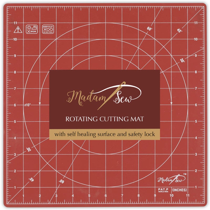 Madam Sew 360 Degree Rotating Self Healing Cutting Mat for Crafts Sewing and Quilting  12x12 cutting matts for sewing Lockable NonSlip Base and Accurate Grid and Bias Lines for Precise Cuts