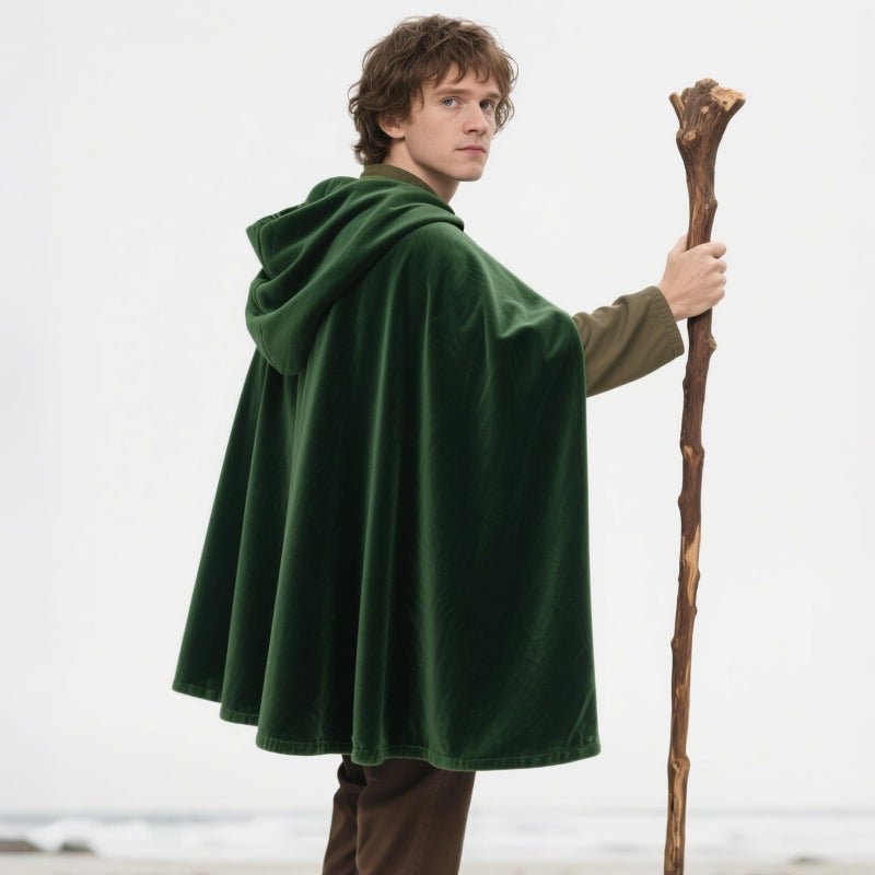 L'VOW Medieval Hobbit Cloak with Leaf Brooch Renaissance Elf Hooded Cape Velvet Cloak with Hood(Dark Green,M) - Image 4
