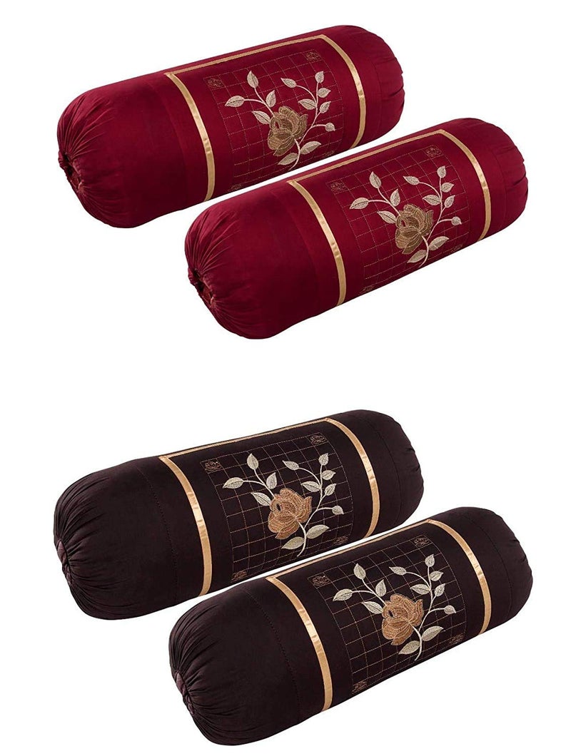 HSR Collection Premium Cotton Embroidered Bolsters Cover 4 Pieces, Coffee & Maroon - Image 5
