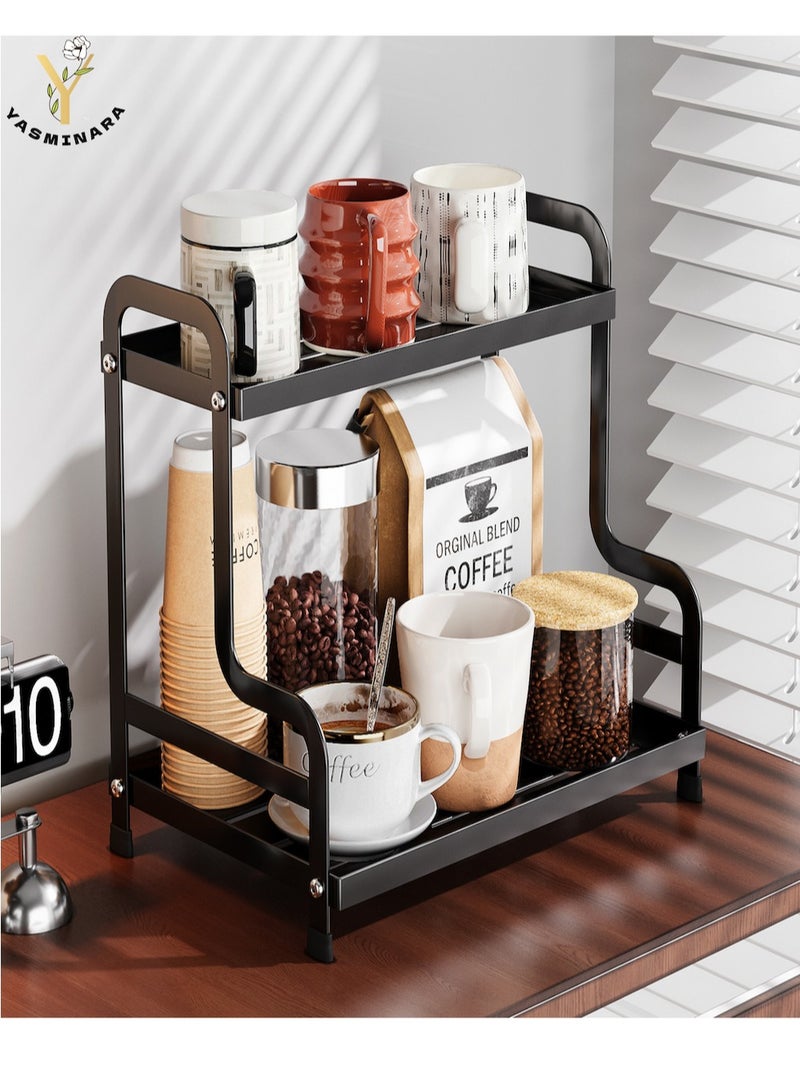 YASMINARA 2-Tier Metal Coffee Cups Mugs Drain Organizer Rack-Dual Layers Iron Storage Rack -Spacious Bathroom Organizing Shelf- Kitchen Spice Rack-Multi-Usage Home Countertop Storage  Shelf-13''*9''*12''-Black  - Image 1