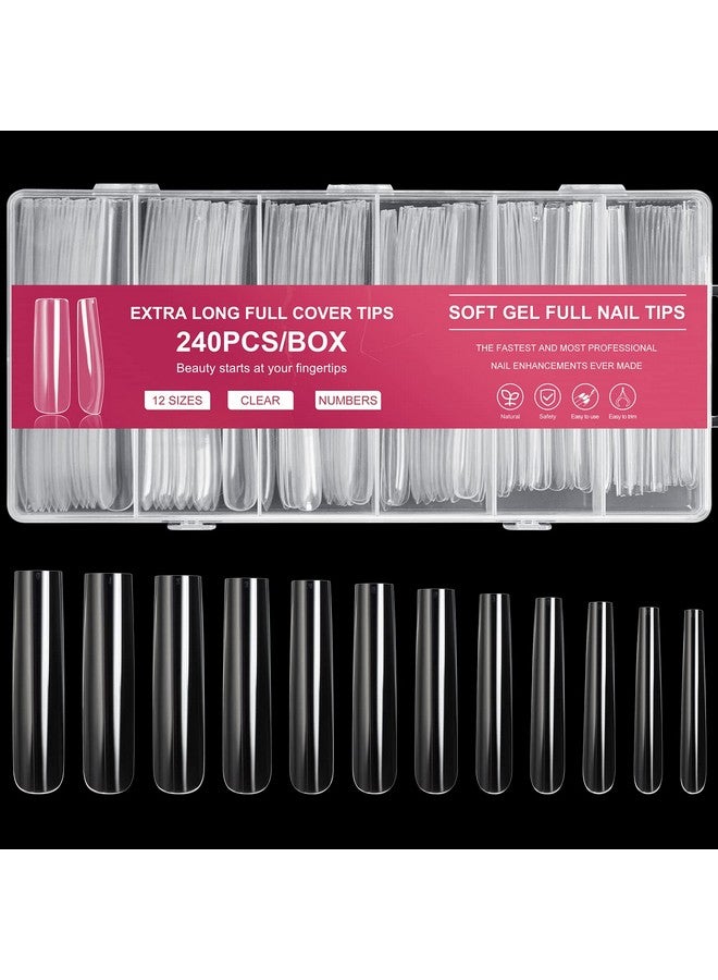 AORAEM Extra Long Square Full Cover Nail Tips 240Pcs Xxxl Clear Full Cover Fake Nails False Nails 12 Sizes Tapered Square Press On Fake Nail Tips For Acrylic Nails Salons Home Diy With Box - Image 1