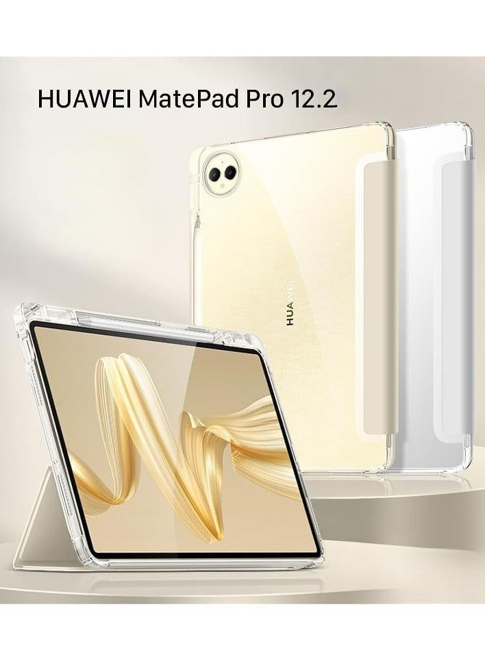 عام غطاء مضاد للصدمات متوافق مع جهاز Huawei MatePad Pro 12.2 (2024)، مع حامل ثلاثي الطي قابل للتعديل بقوة مغناطيسية، وغطاء خلفي شفاف يحتوي على مكان للقلم، مضاد للزلازل والسقوط. - Image 2