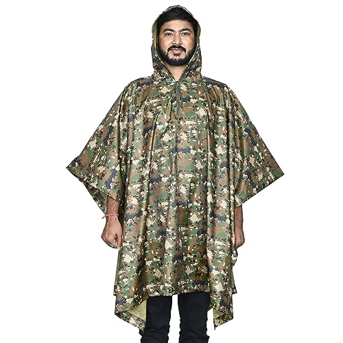 HACER Raincoat Poncho with Hood Water Resistant Rainwear Military Print Barsaati for Outdoor Travel Men Women - Image 1