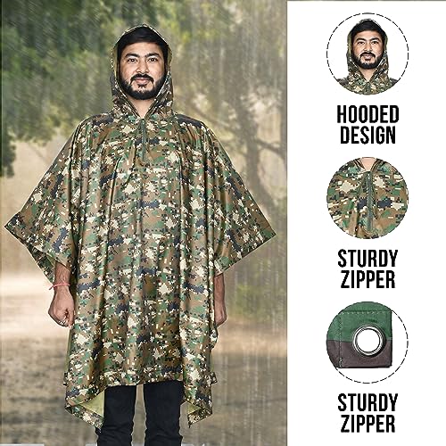 HACER Raincoat Poncho with Hood Water Resistant Rainwear Military Print Barsaati for Outdoor Travel Men Women - Image 4