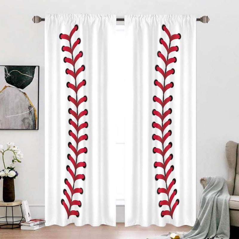 Cinbloo Kids Sports Curtains for Living Room 52W x 84L Inch Baseball Theme Bedroom Decor for Boys White Red Baseball Texture Laces Closeup Background Men Teens Window Drapes Treatment Fabric 2 Panels