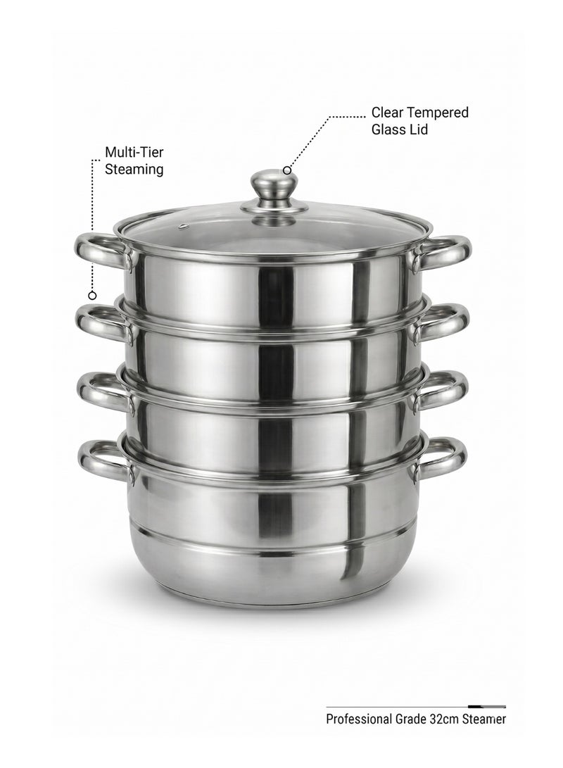 4-Tier Steamer Pot, Stainless Steel, 32cm, Silver. - Image 2