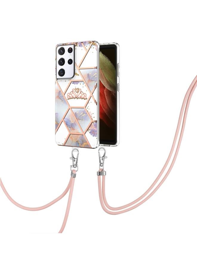 إيروريكس جراب لهاتف Samsung Galaxy S21 Ultra 5G، جراب مقاوم للصدمات من مادة TPU بنمط زهرة رخامية مطلية بالكهرباء مع حبل تعليق - Image 2