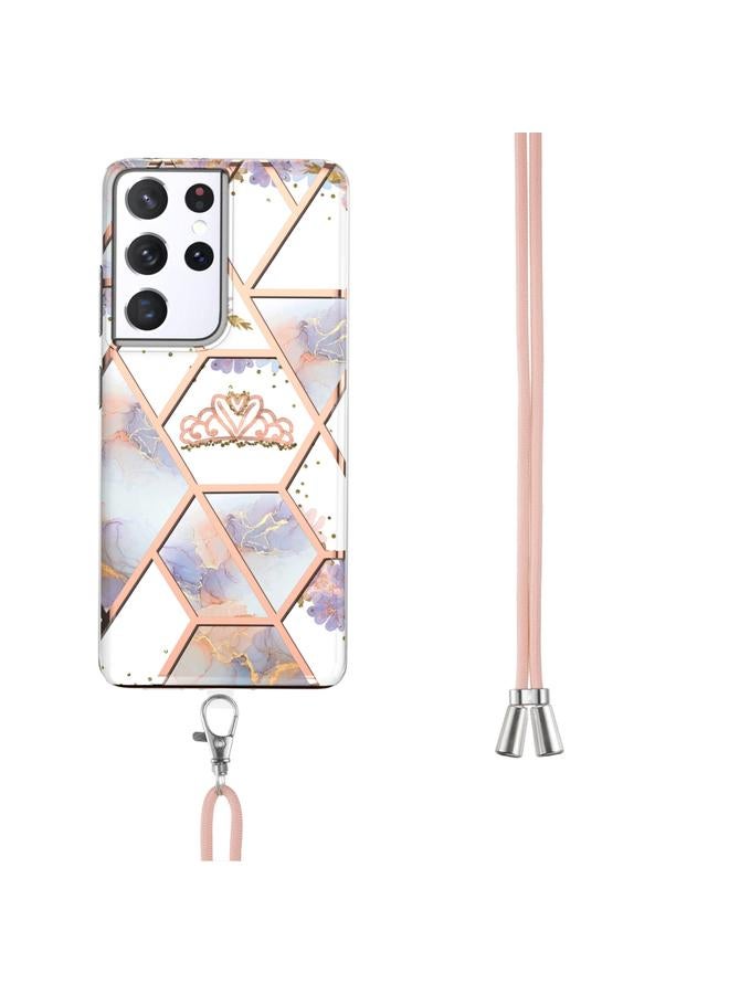 إيروريكس جراب لهاتف Samsung Galaxy S21 Ultra 5G، جراب مقاوم للصدمات من مادة TPU بنمط زهرة رخامية مطلية بالكهرباء مع حبل تعليق - Image 3