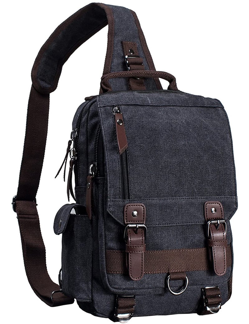 mygreen Crossbody Bag, Canvas Chest Leather Messenger Bag with One Strap Sling for Travel and Hiking (Large, Black) - Image 1