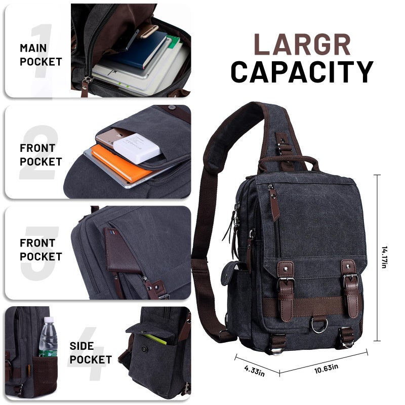 mygreen Crossbody Bag, Canvas Chest Leather Messenger Bag with One Strap Sling for Travel and Hiking (Large, Black) - Image 2