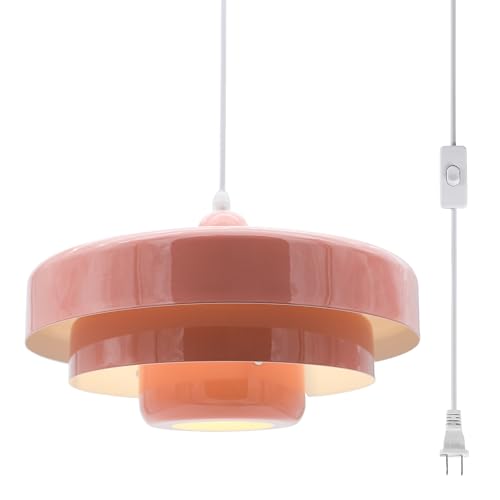 DoungRos Hanging Lamp Pink Plug in Pendant Light Mid Century Modern Pendant Lamp Fixtures Nordic Hanging Light Style Pendant Lighting Metal Shade for Living Room Dining Room Bedroom Kitchen Island - Image 1